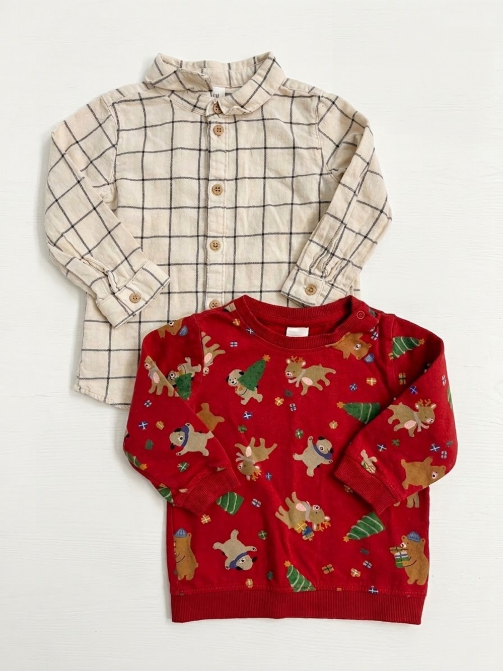 Baby Tops 2-Piece Bundle - H&M Plaid Shirt & Christmas Sweatshirt Size 12-18M